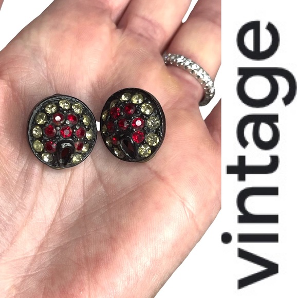 Vintage Bronze Button Clip Back Earrings w/faux Ruby and Amber Rhinestones - Picture 2 of 8